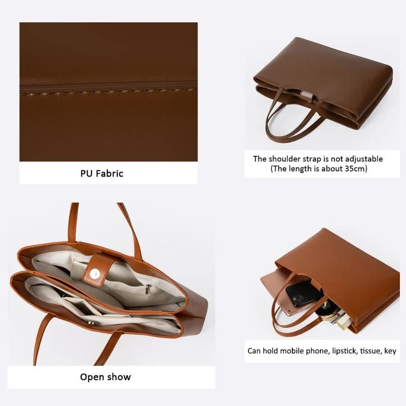 Coffee Large Capacity Tote Bag - Minimalist PU Leather Handbag for Daily Commute