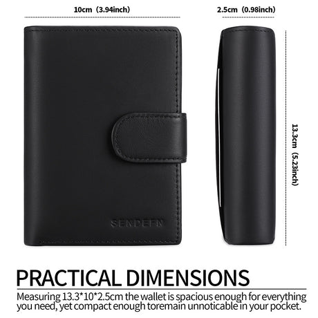 Black Men's Short Leather Wallet with RFID Protection - Genuine Cowhide Cardholder with Coin Pocket