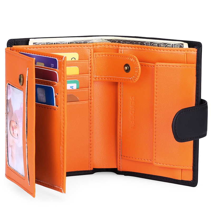 Black And Orange Men's Short Leather Wallet with RFID Protection - Genuine Cowhide Cardholder with Coin Pocket