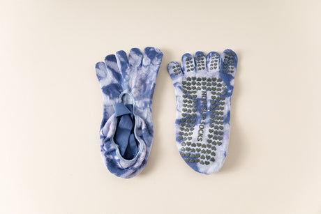 2 Pairs Blue Tie-Dye Non-Slip Yoga Socks for Women - Five-Toe Cotton Blend Socks for Pilates and Indoor Sports