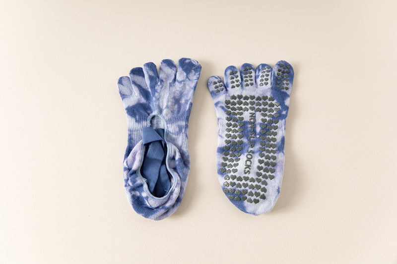 2 Pairs Blue Tie-Dye Non-Slip Yoga Socks for Women - Five-Toe Cotton Blend Socks for Pilates and Indoor Sports