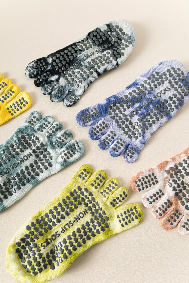 2 Pairs Blue Tie-Dye Non-Slip Yoga Socks for Women - Five-Toe Cotton Blend Socks for Pilates and Indoor Sports
