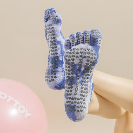 2 Pairs Grey Tie-Dye Non-Slip Yoga Socks for Women - Five-Toe Cotton Blend Socks for Pilates and Indoor Sports
