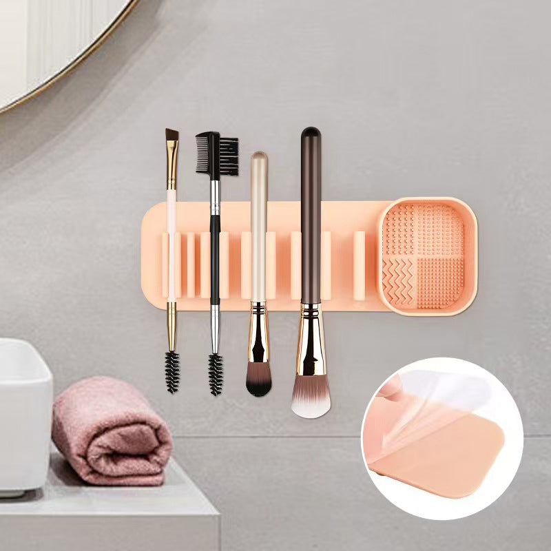3 Pcs Khaki Silicone Makeup Brush Organizer and Cleaning Rack - Wall-Mounted Holder with Brush Cleaning Texture