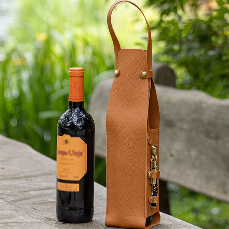 Beige Leather-Look Single Wine Bottle Carrier Bag with Handle and Side Pocket for Opener(Red wine and bottle opener are props for shooting and are not included)