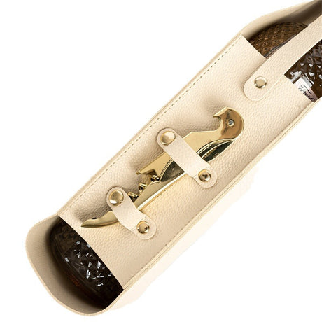 Beige Leather-Look Single Wine Bottle Carrier Bag with Handle and Side Pocket for Opener(Red wine and bottle opener are props for shooting and are not included)