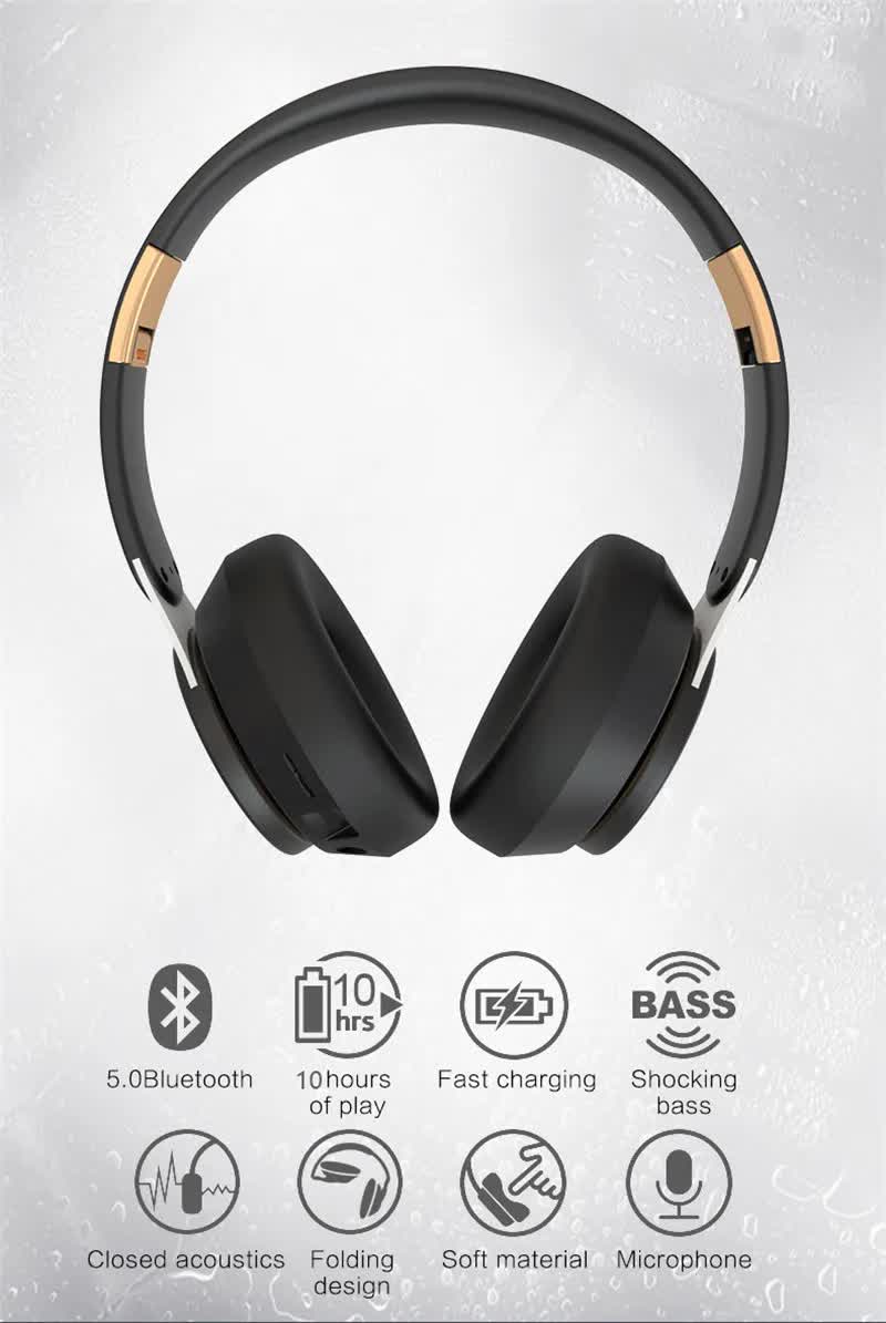 Black Wireless Bluetooth Headphones with Noise Reduction - Heavy Bass, Long Battery Life, TF Card Support