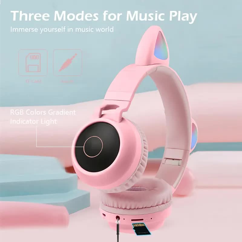 Pink Cat Ear Bluetooth Headphones with LED Lights - Wireless, Foldable