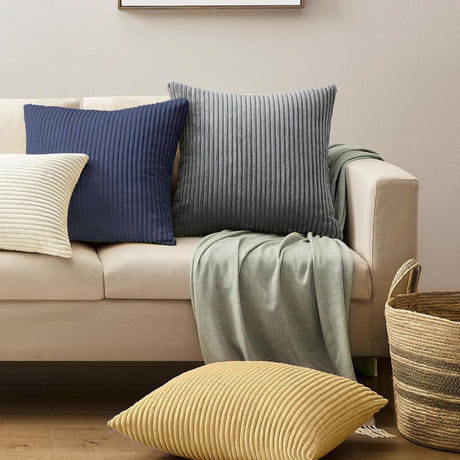 Beige Plush Striped Pillow Covers 45x45cm - Set of 4 Corduroy-Style Cushion Covers with Invisible Zipper, Soft and Washable for Sofa Decor