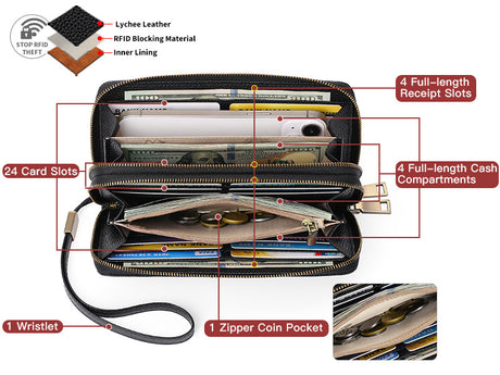 Black Double Zipper Women's Wallet - Large Capacity Clutch Organizer with Wristlet Strap
