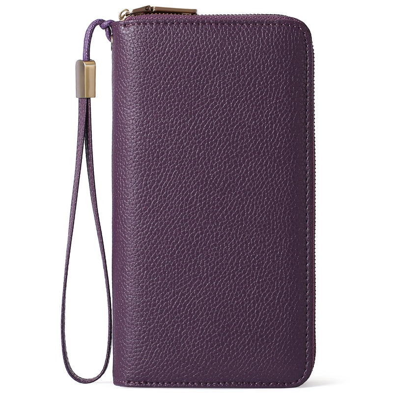 Purple Double Zipper Women's Wallet - Large Capacity Clutch Organizer with Wristlet Strap