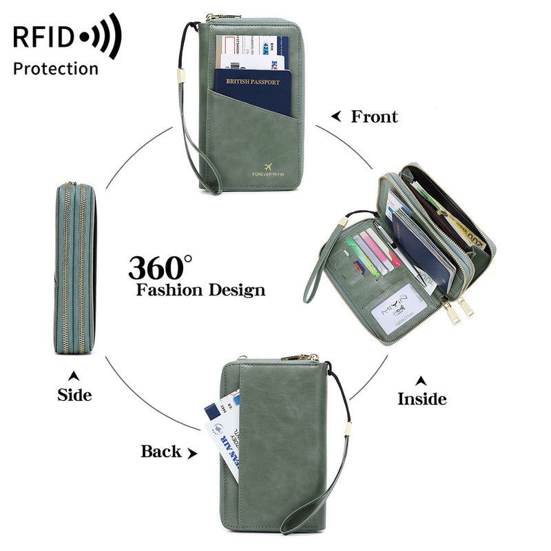 Green RFID Blocking Passport Wallet - Multi-Function Travel Organizer with Double Zipper and Crossbody Strap