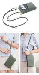 Green RFID Blocking Passport Wallet - Multi-Function Travel Organizer with Double Zipper and Crossbody Strap