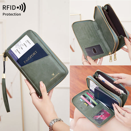 Red RFID Blocking Passport Wallet - Multi-Function Travel Organizer with Double Zipper and Crossbody Strap
