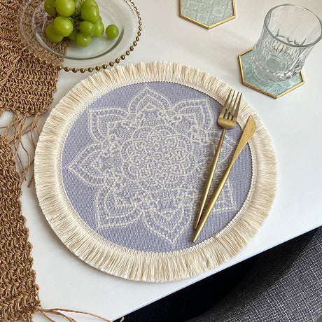 4 Pcs Beige and Purple Boho Chic Woven Cotton Placemat with Tassels - Nordic Bohemian Style(Tableware is a prop for shooting and is not included)