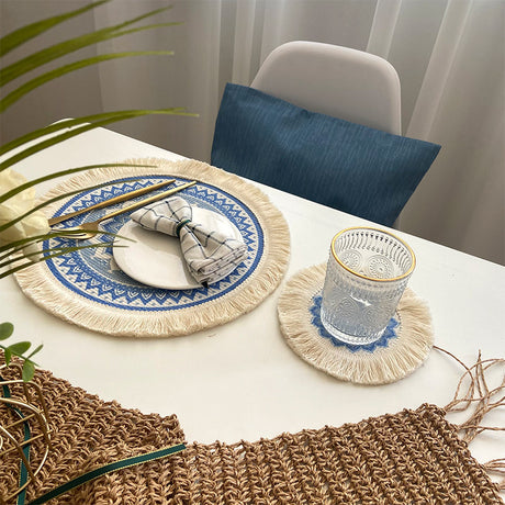 4 Pcs Beige and Orange Boho Chic Woven Cotton Placemat with Tassels - Nordic Bohemian Style(Tableware is a prop for shooting and is not included)