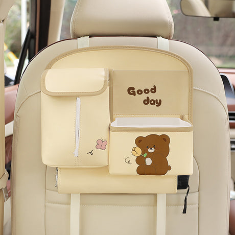 Beige Cute Cartoon Car Backseat Organizer with Multi-Pocket Storage and PP Trash Bin - 400g Lightweight PU Leather