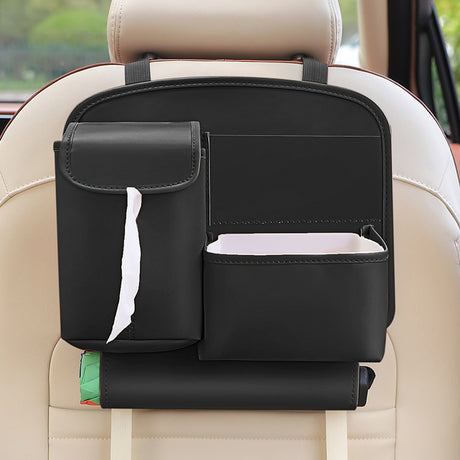 Black Car Backseat Organizer with Multi-Pocket Storage and PP Trash Bin - 400g Lightweight PU Leather