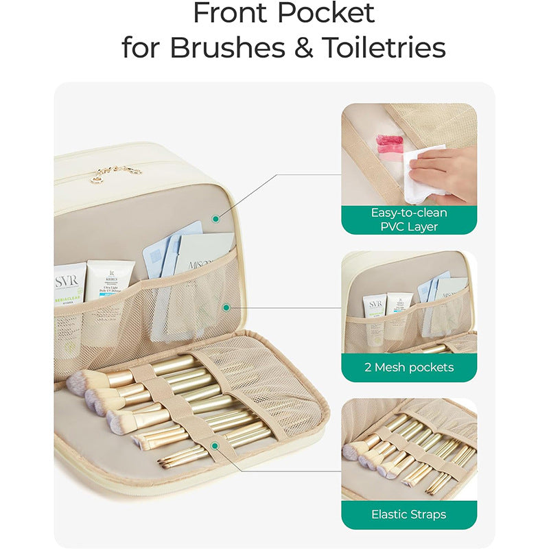 Beige Large Capacity Travel Toiletry Bag with Wide Opening - Puffy Nylon Makeup Organizer with Waterproof PVC Layer
