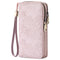 Pink Floral Embossed Large Capacity Women's Wallet - Double Zipper PU Leather Clutch with Detachable Wrist Strap