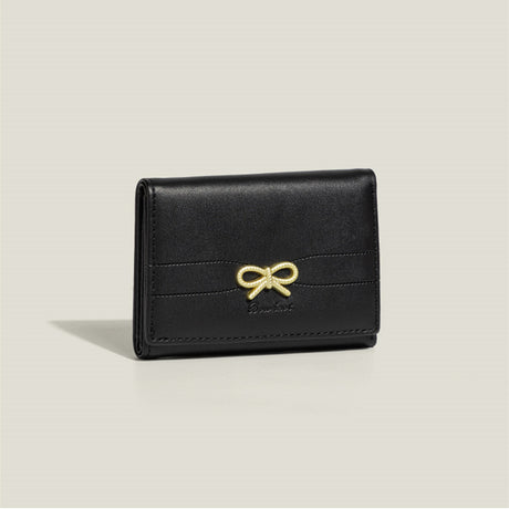 Black Compact Women's Bow-Accent Wallet - Fresh Minimalist PU Leather Foldable Card Holder with Multiple Slots