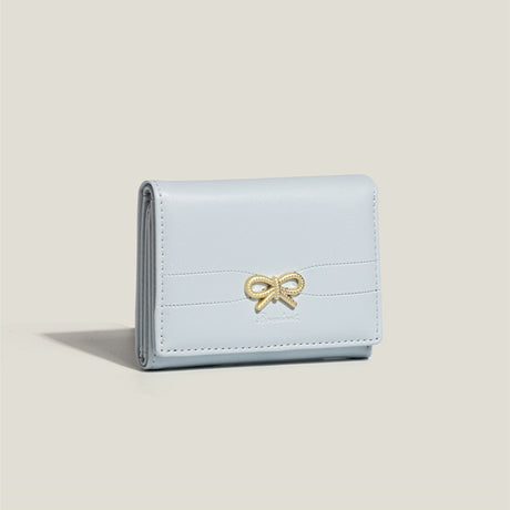 Blue Compact Women's Bow-Accent Wallet - Fresh Minimalist PU Leather Foldable Card Holder with Multiple Slots