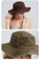 Beige Packable Cotton Bucket Hat - Folds into Wearable Pouch | Frayed Edge Sun Hat with Chin Strap