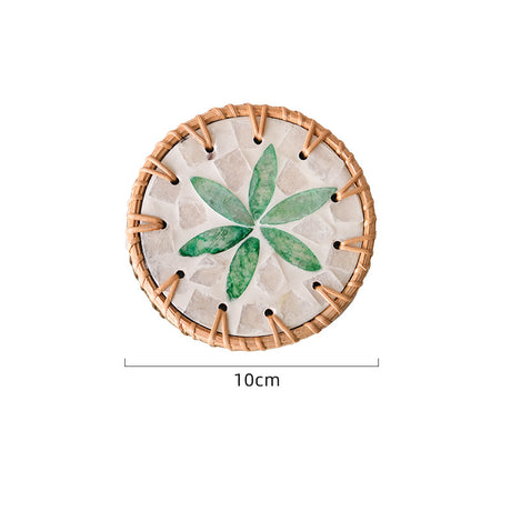 4 Pcs Beige Background With Green flower Handcrafted Rattan Coaster with Natural Shell Inlay - Decorative & Heat Insulating Drink Mat