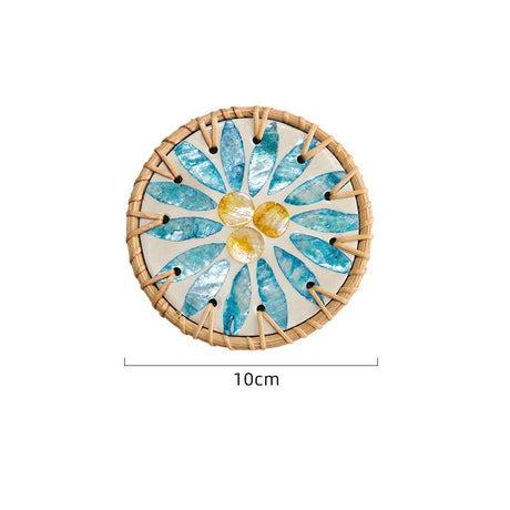 4 Pcs Beige Background With Blue flower Handcrafted Rattan Coaster with Natural Shell Inlay - Decorative & Heat Insulating Drink Mat