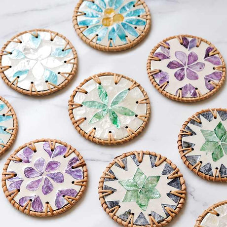4 Pcs Beige Background With Blue flower Handcrafted Rattan Coaster with Natural Shell Inlay - Decorative & Heat Insulating Drink Mat