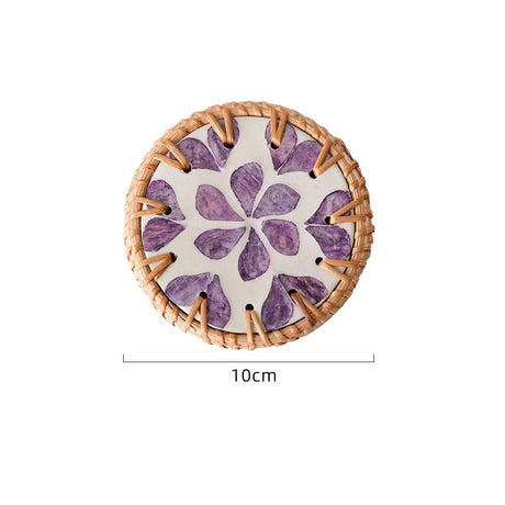 4 Pcs Beige Background With Purple flower Handcrafted Rattan Coaster with Natural Shell Inlay - Decorative & Heat Insulating Drink Mat