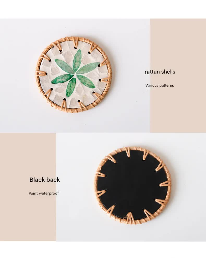 4 Pcs Beige Background With Blue and Grey flower Handcrafted Rattan Coaster with Natural Shell Inlay - Decorative & Heat Insulating Drink Mat