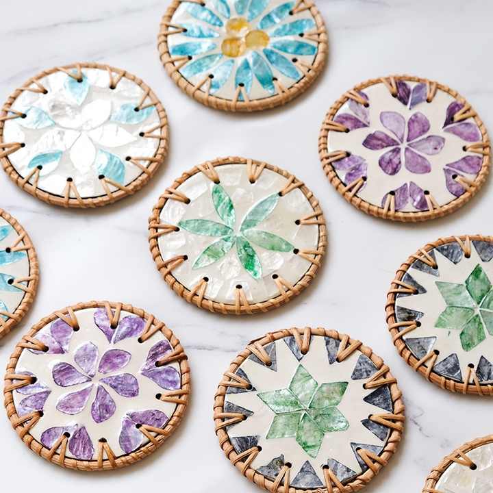 4 Pcs Beige Background With Blue and Pink flower Handcrafted Rattan Coaster with Natural Shell Inlay - Decorative & Heat Insulating Drink Mat