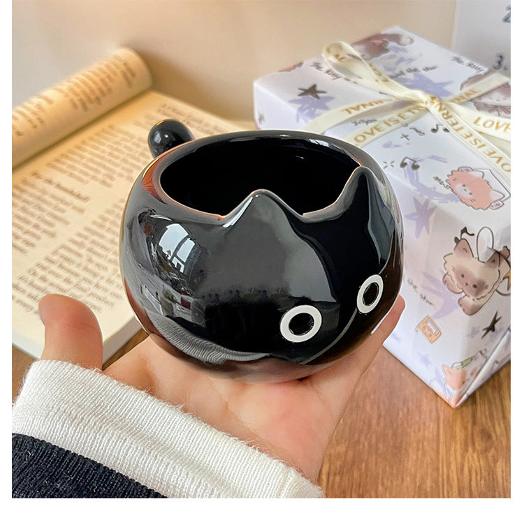 Black Adorable Ceramic Cat Mug - Cute Creative Coffee Cup with Tail Handle (210ml)