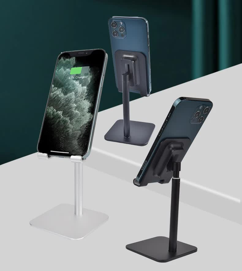 Black Adjustable Aluminum Alloy Phone and Tablet Stand - Telescopic Desktop Holder for Live Streaming and Hands-Free Use