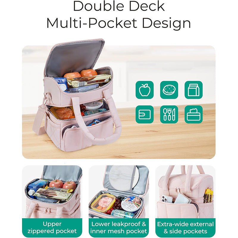 Black Chic Double Deck Insulated Lunch Bag - Leakproof Cooler Tote for Women