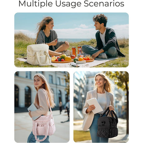 Beige Chic Double Deck Insulated Lunch Bag - Leakproof Cooler Tote for Women