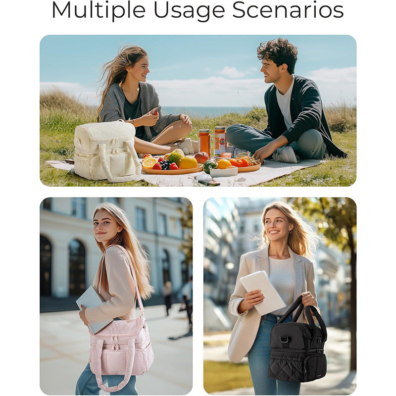 Beige Chic Double Deck Insulated Lunch Bag - Leakproof Cooler Tote for Women
