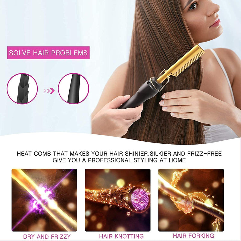 Black Electric Hot Comb Hair Straightener - Fast Heating Styling Tool with 3 Temp Settings & Anti-Scald Guard
