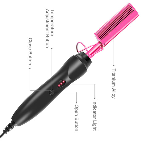 Black Electric Hot Comb Hair Straightener - Fast Heating Styling Tool with 3 Temp Settings & Anti-Scald Guard