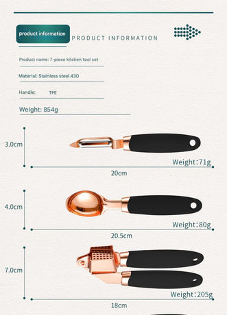 Black And Rose Gold 7-Piece Kitchen Gadget Set - Stainless Steel Utensils with Comfort Grip Handles