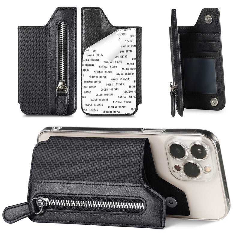 2 Pcs Black Multifunction Stick-On Phone Wallet - PU Leather Card Holder with Zipper & Flip Cover