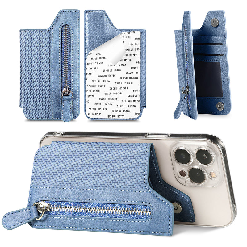 2 Pcs Blue Multifunction Stick-On Phone Wallet - PU Leather Card Holder with Zipper & Flip Cover