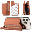 2 Pcs Brown Multifunction Stick-On Phone Wallet - PU Leather Card Holder with Zipper & Flip Cover