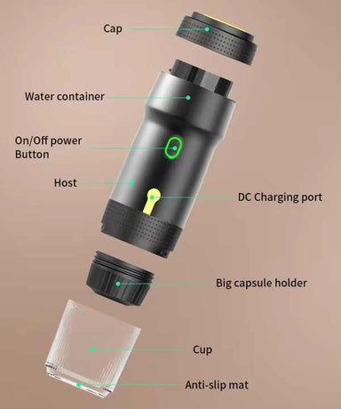 Black 3-in-1 Portable Electric Espresso Maker - Rechargeable Travel Coffee Machine for Capsules & Ground Coffee