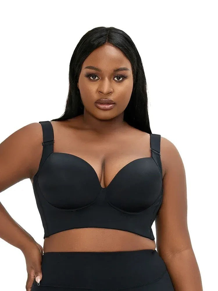 32/70D Black Plus-Size Seamless Underwire Bra - Lift & Support Deep V Sports Back Design