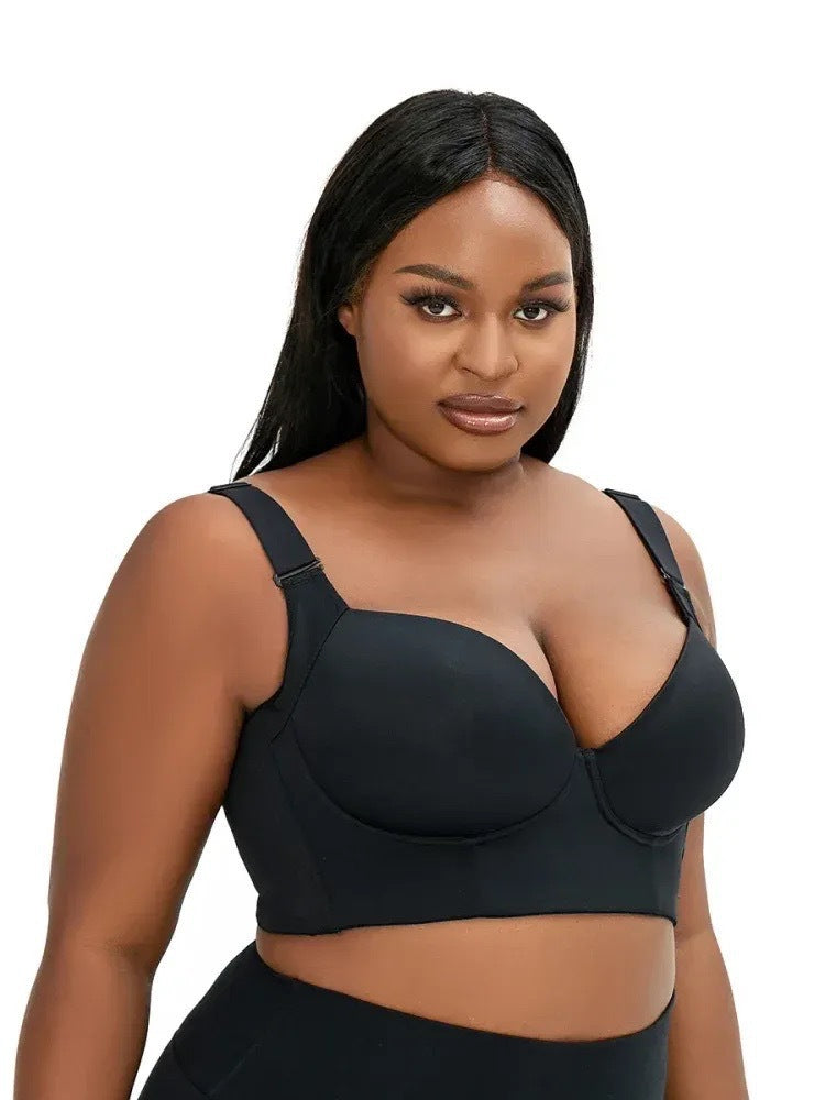 32/70D Black Plus-Size Seamless Underwire Bra - Lift & Support Deep V Sports Back Design