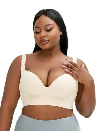 34/75C Beige Plus-Size Seamless Underwire Bra - Lift & Support Deep V Sports Back Design