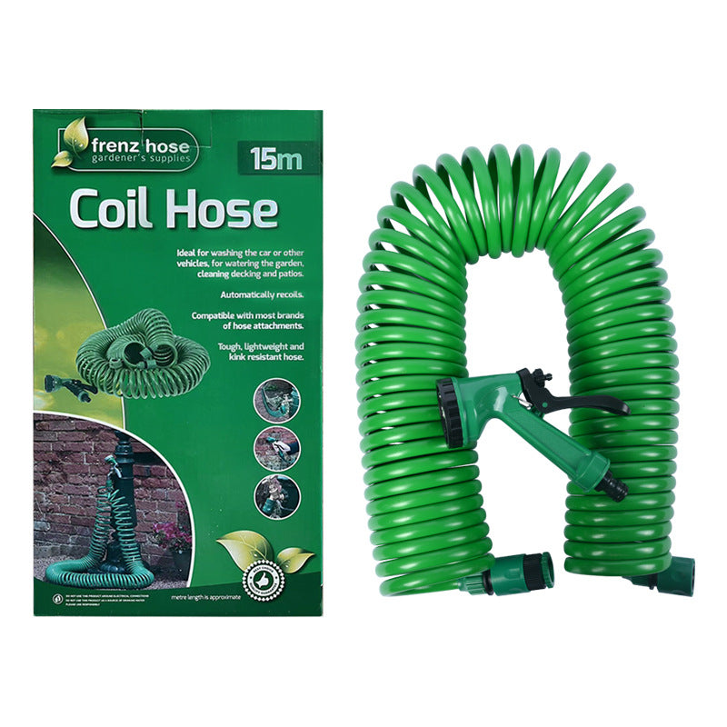 15m Retractable Spring Garden Hose with 5-Function Spray Gun - EVA Burst-Proof Watering Hose for Car Washing
