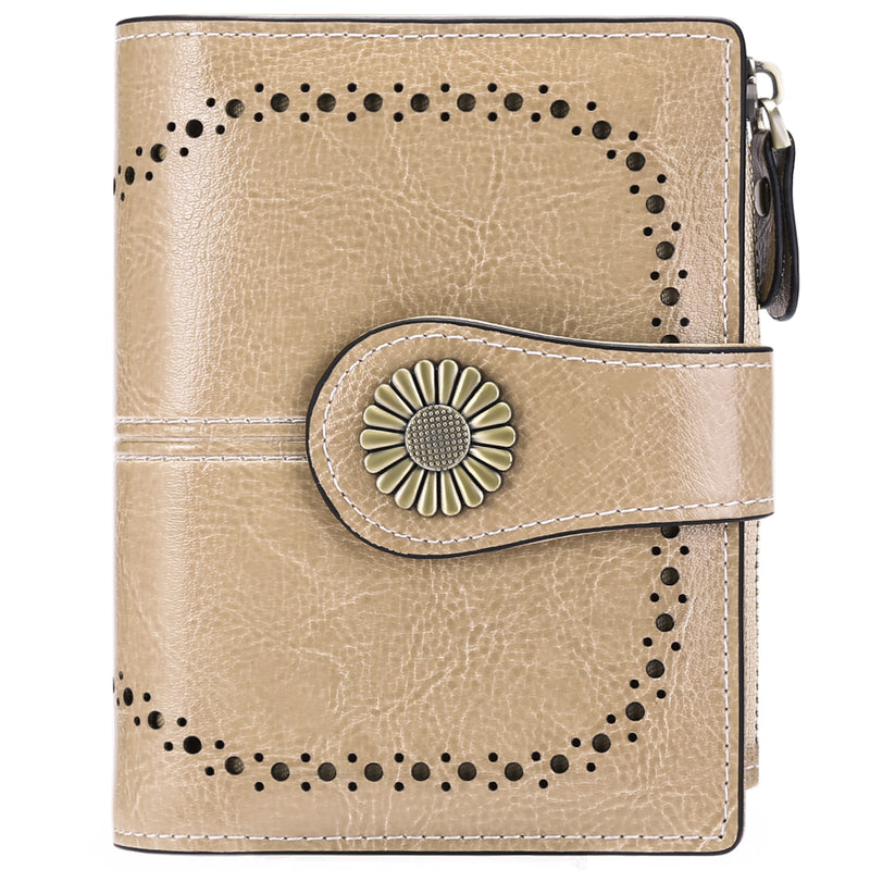Green (64 grain) Women's Short Leather Wallet - European Style Waxed Leather Coin Purse with Zipper Card Holder in Red